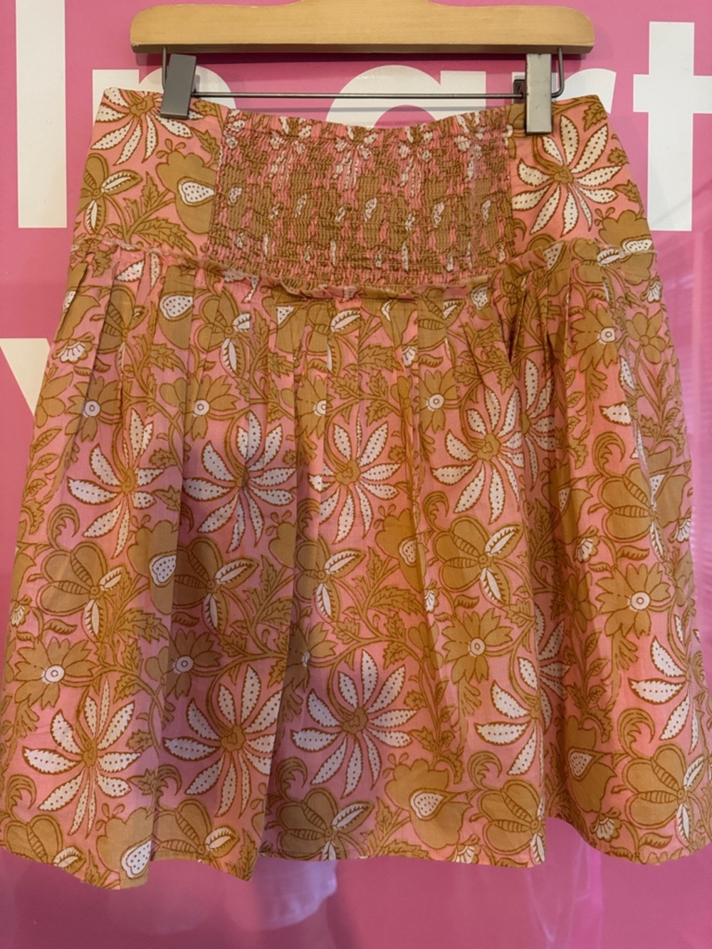 Banana Republic Pink and Tan Floral Smocked Waist Skirt